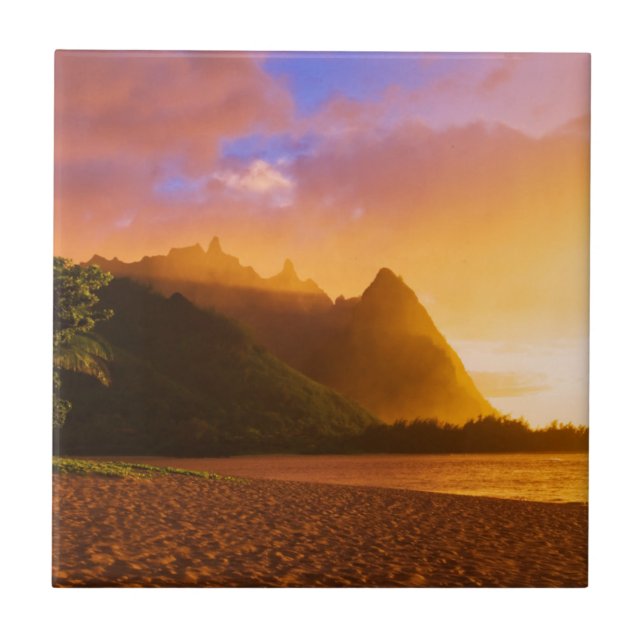 Golden beach sunset, Hawaii Tile (Front)