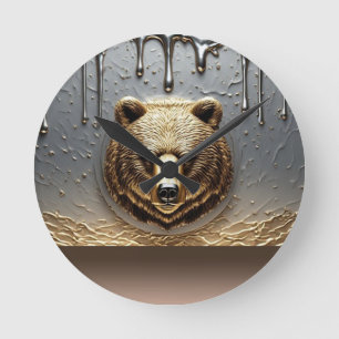 Golden Bear Relief With Metal Drip Effect 🐻 Round Clock