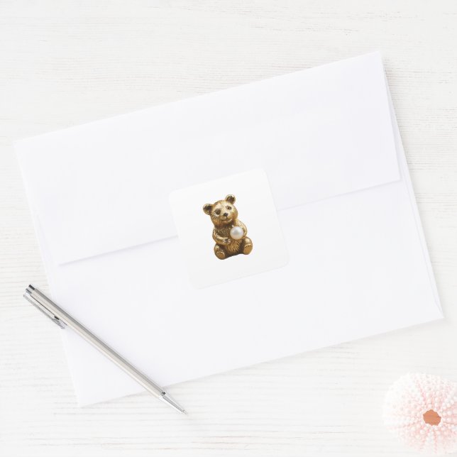 Golden Bear with White Pearl in Hands Earrings Square Sticker (Envelope)
