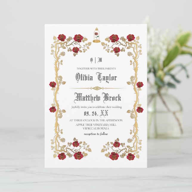 Golden Beast & the Beauty Fairytale Wedding  Invitation (Standing Front)