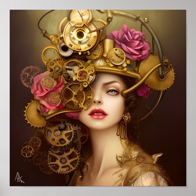 Golden Beauty Steampunk Digital Art Print (Front)