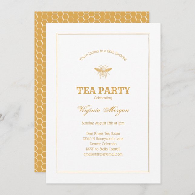 Golden Bee and Honeycomb Tea Party Invitation (Front/Back)