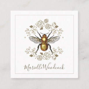 Golden Bee And Rose Floral Laurel Square Business Card