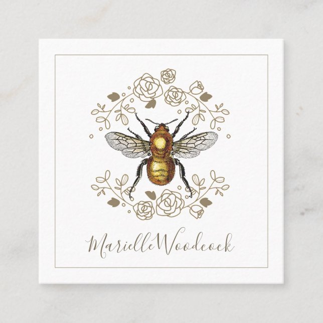 Golden Bee And Rose Floral Laurel White Square Business Card (Front)