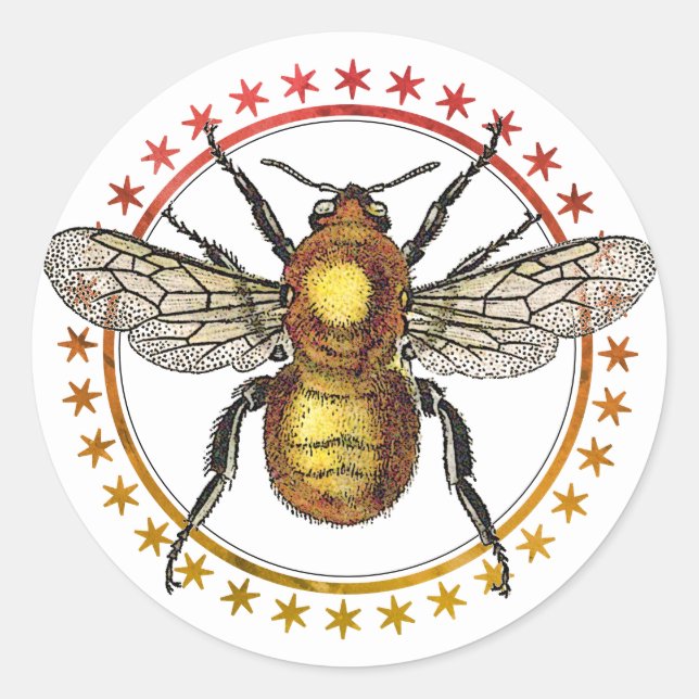 Golden Bee And Stars Classic Round Sticker (Front)