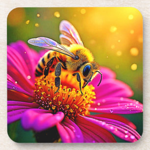 Golden Bee Flower Magic Light Design Coaster