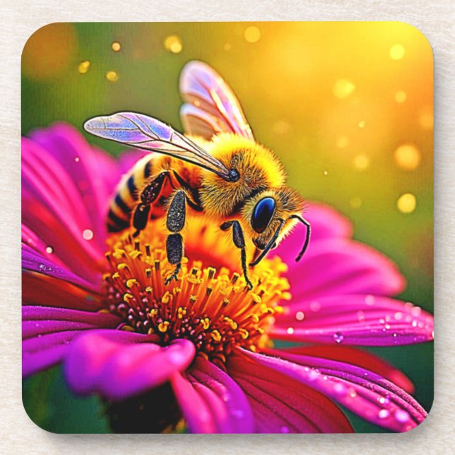 Golden Bee Flower Magic Light Design Coaster (Front)
