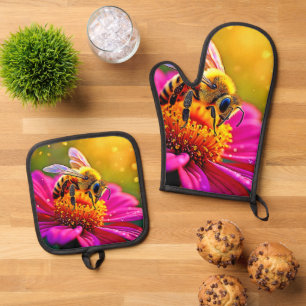 Golden Bee Flower Magic Light Design Oven Mitt & Pot Holder Set