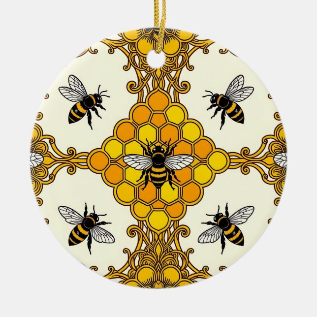 Golden Bee Honeycomb Pattern Ceramic Tree Decoration (Front)