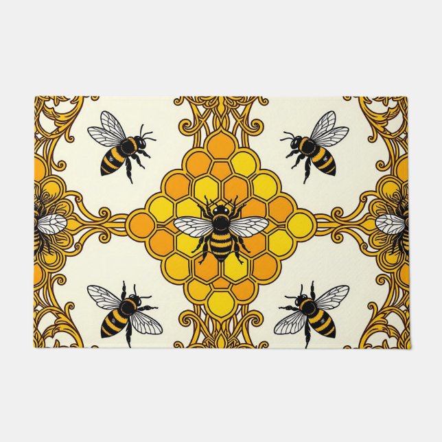 Golden Bee Honeycomb Pattern Doormat (Front)