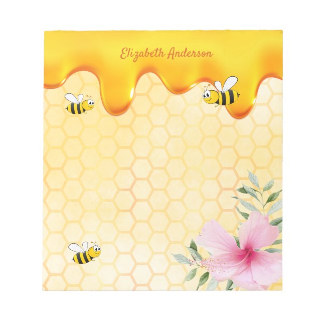 Golden bee honeycomb pattern honey dripping floral notepad (Front)