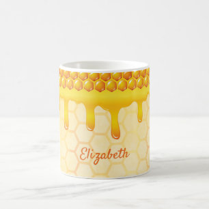 Golden bee honeycomb pattern honey dripping name coffee mug