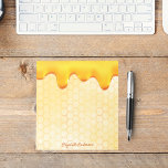 Golden bee honeycomb pattern honey dripping name notepad<br><div class="desc">Add some fun and humour to your summer grocery shopping lists or home office! Yellow,  white background with a bee honeycomb pattern. Decorated with dripping honey. Your name written with a golden hand lettered style script.</div>
