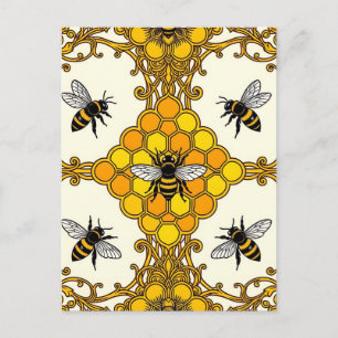 Golden Bee Honeycomb Pattern Postcard