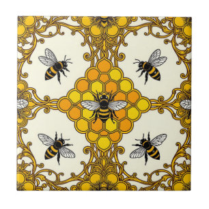 Golden Bee Honeycomb Pattern Tile