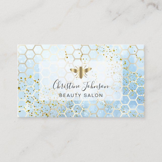 golden bee logo blue honeycomb business card (Front)