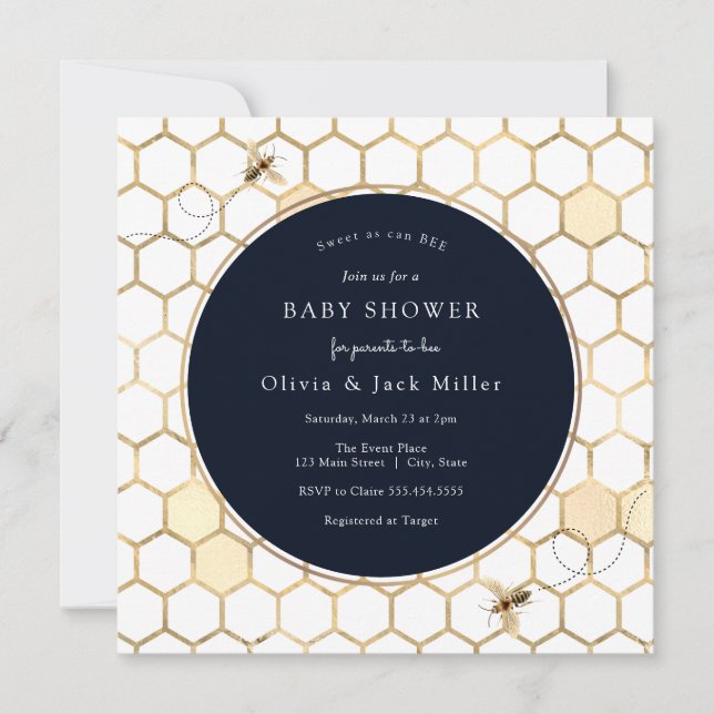 Golden Bee Navy Blue Baby Shower Invitation (Front)