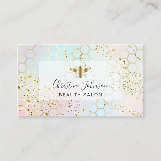 golden bee on FAUX glitter pastel colours honeycom Business Card | Zazzle