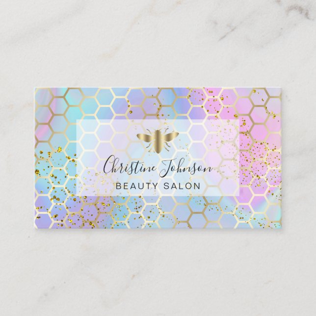 golden bee on FAUX glitter pastel honeycomb design Business Card (Front)