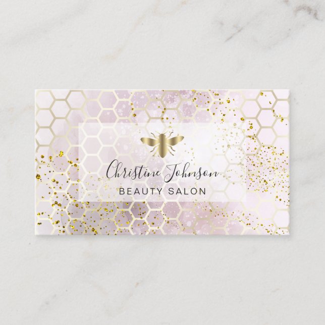 golden bee on FAUX glitter watercolor honeycomb Business Card (Front)