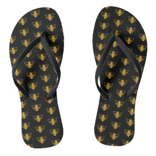 Golden Bee's on Black Flip Flops