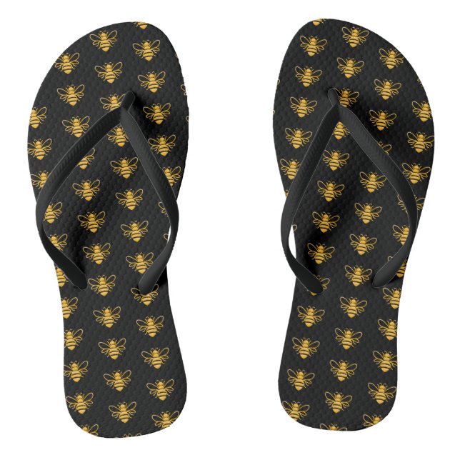 Golden Bee's on Black Flip Flops (Footbed)