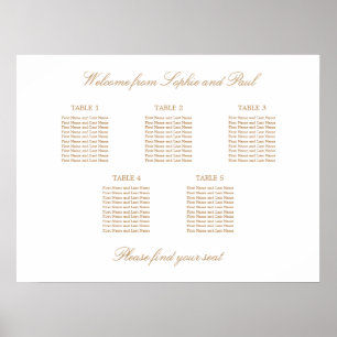 Golden Beige 5 Table Wedding Seating Chart Poster
