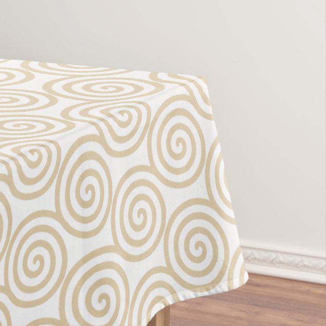 Golden Beige Abstract Spiral Circles on White Tablecloth (In Situ)