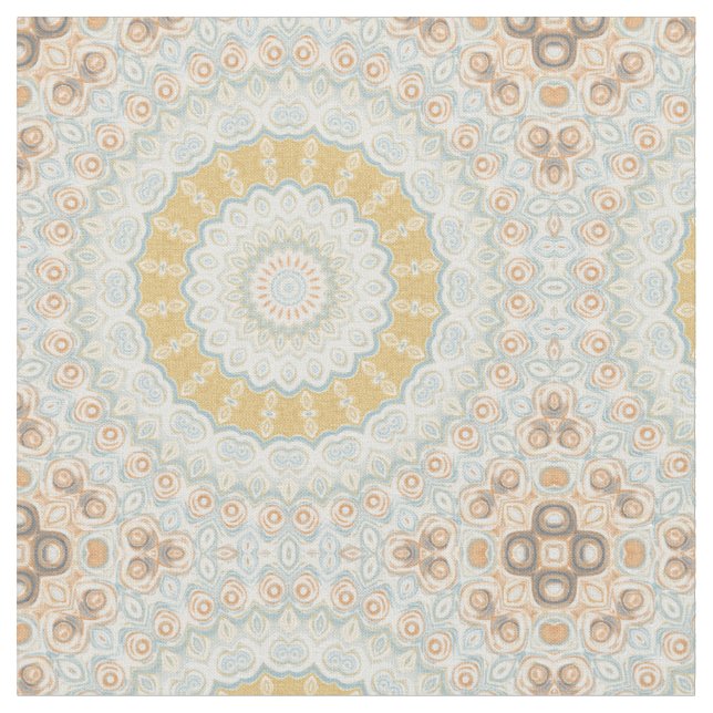 Golden Beige and Blue Mandala Pattern Design Fabric (Close Up)