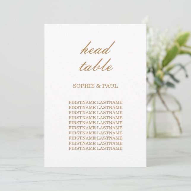 Golden Beige Script Seating Chart Head Table Card (Standing Front)