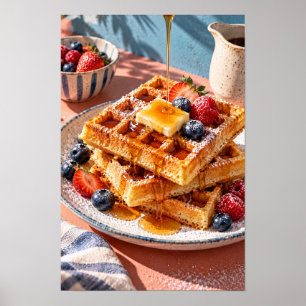 Golden Belgian Waffles with Fresh Berries and Syru Poster