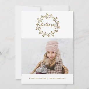 Golden Believe   Pretty Wreath Holiday Card
