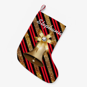 Golden Bell Red Gold & Black Faux Glitter Small Christmas Stocking