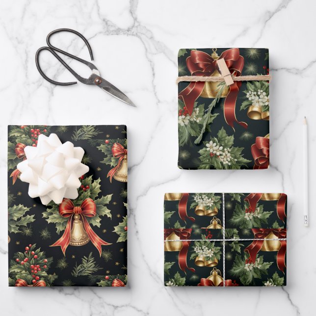 Golden Bells  and Holly Leaves Wrapping Paper Sheet (Front)