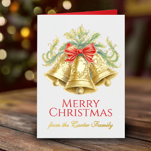 Golden bells and red bow watercolor Christmas Foil Greeting Card