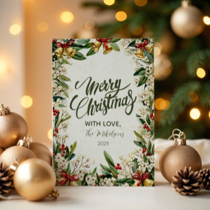 Golden Bells Holly Christmas Holiday Card