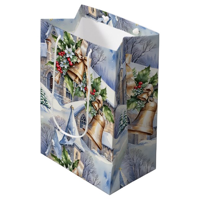 Golden Bells of Christmas Day Medium Gift Bag (Front Angled)