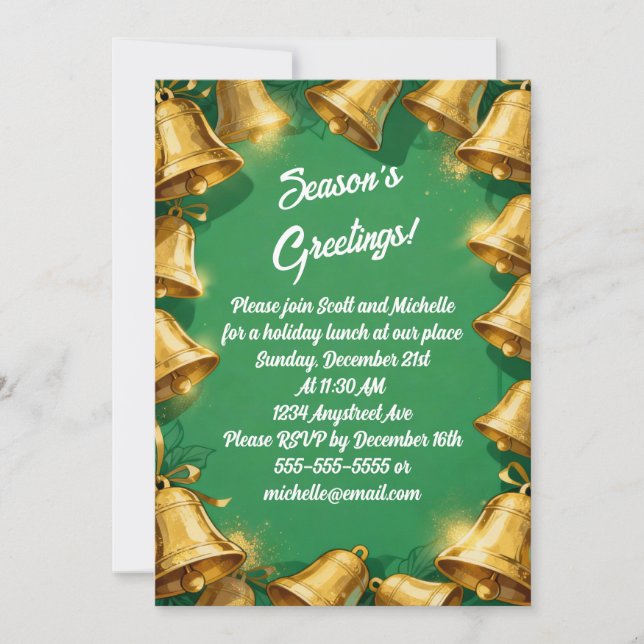 Golden Bells on Green Christmas Party Invitation (Front)