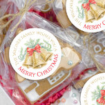 Golden bells watercolor red bow Merry Christmas Classic Round Sticker<br><div class="desc">Add a touch of elegance to your Christmas gifts with these three golden bells holiday season stickers, pretty gold coloured bells and greenery foliage with a bright red bow. Personalise with your own family name or business and choice of greeting. Other colours and matching items are available or can be...</div>