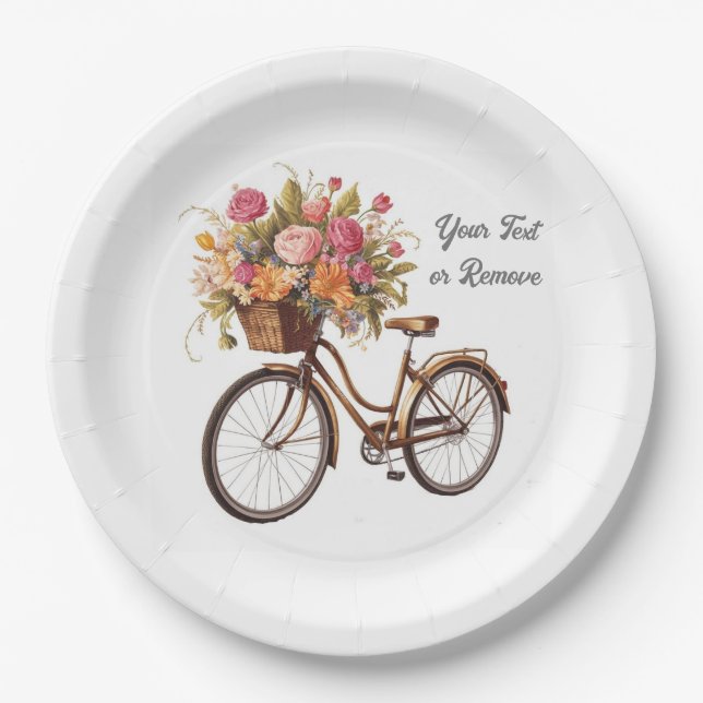 Golden Bicycle with Flower Basket Vintage Paper Plate (Front)