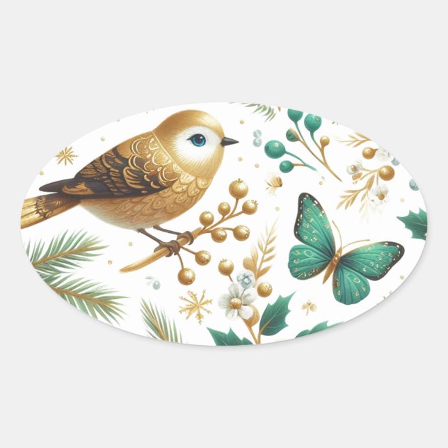 Golden Bird Emerald Butterfly Botanical  Oval Sticker (Front)