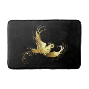 Golden Bird on Black Background Bath Mat