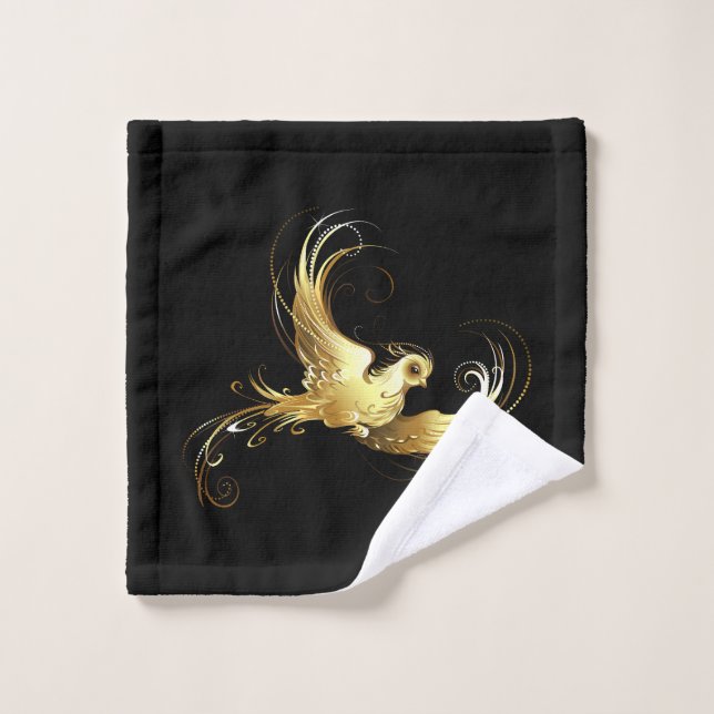 Golden Bird on Black Background Bath Towel Set (Wash Cloth)