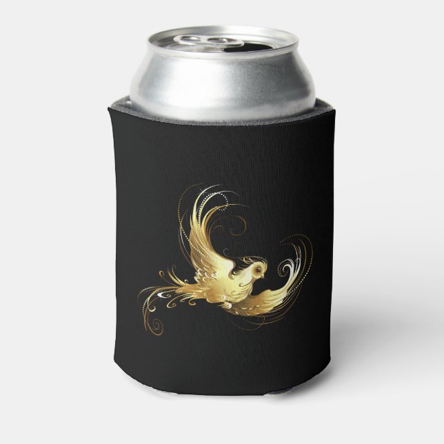 Golden Bird on Black Background Can Cooler (Can Back)