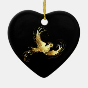 Golden Bird on Black Background Ceramic Tree Decoration