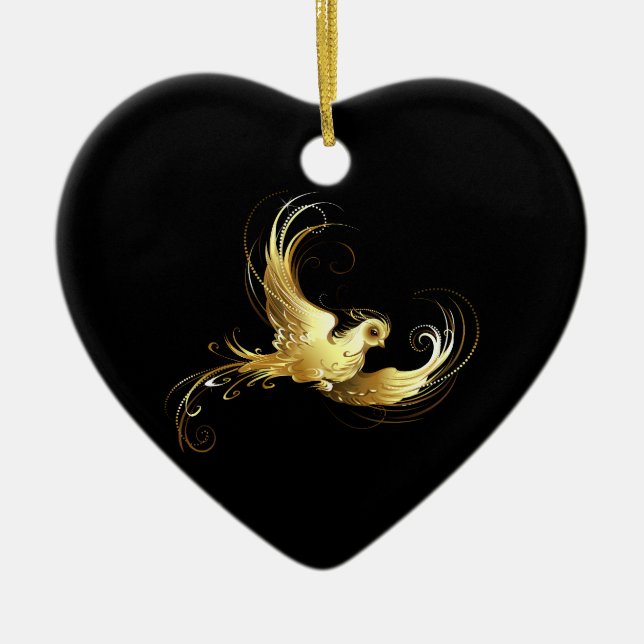 Golden Bird on Black Background Ceramic Tree Decoration (Front)
