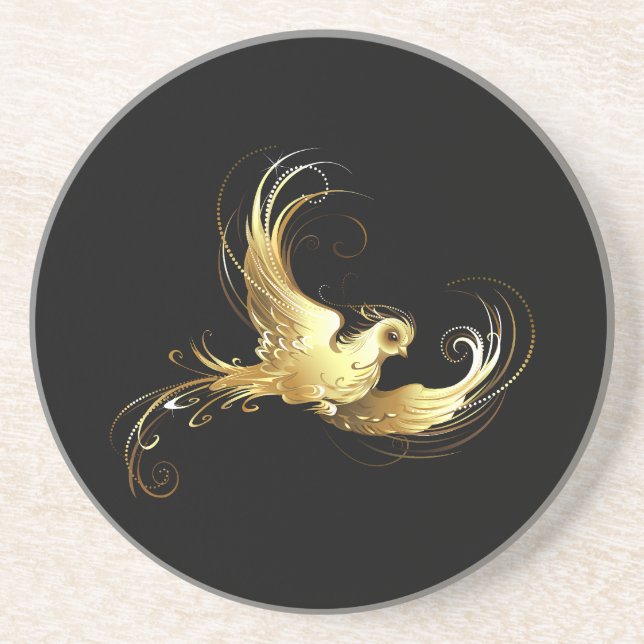 Golden Bird on Black Background Coaster (Front)