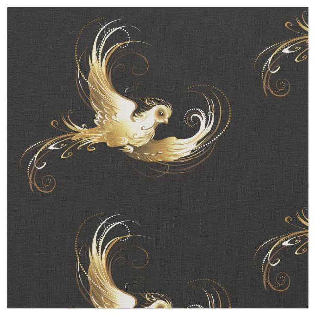 Golden Bird on Black Background Fabric (Close Up)