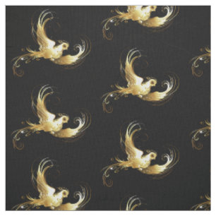 Golden Bird on Black Background Fabric