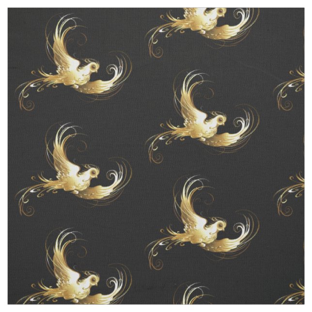 Golden Bird on Black Background Fabric (Swatch)